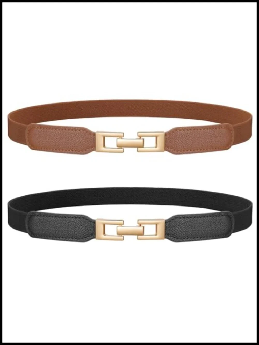 2 Pack Skinny Stretch Belt Women's Elastic Faux Leather Gold Buckle Waist